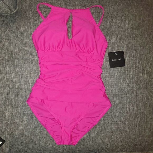 Ellen Tracy Size 6 Pink keyhole Neck Over the Shoulder One Piece Swimsuit - Picture 1 of 10
